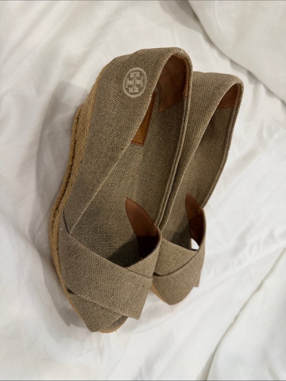 Tory Burch Beige Linen Espadrille Platform Sandals
